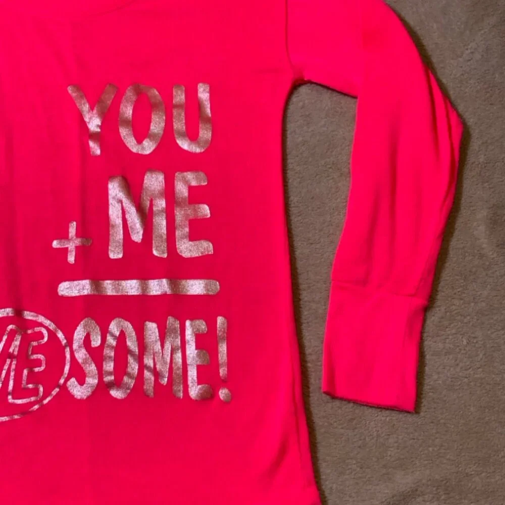 Justice Girls 8 Neon Pink Gold Knit Long Sleeve Metallic You + Me = Awesome‎ Top